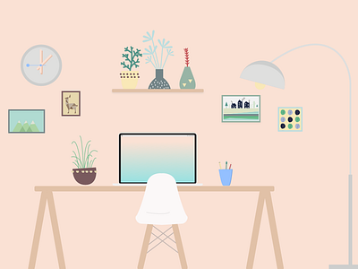 Workspace chair design studio desk european freelance illustration pastel plants scandinavian workspace