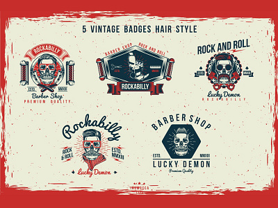 Vintage Hair style Badges barbershop classic barber hair hair style lucky demon motorcycle shop mustache rock and roll rockabilly vintage badges vintage barber workshop