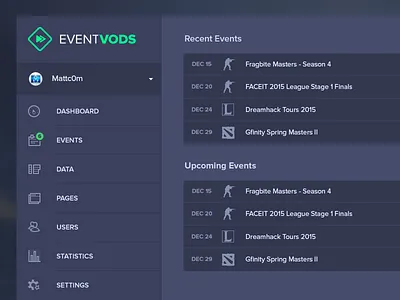 EventVODs Dashboard Overview backend dark colors dark ui dashboard event vods events eventvods gaming ui