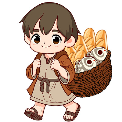 boy with bread and fishes illustration cartoon christian cute cute illustration digital art digital illustration illustration procreate