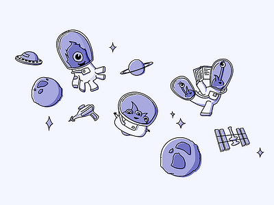 Astro Friends aliens astronaut illustration monster planets saturn space space gun spaceship stars ufo