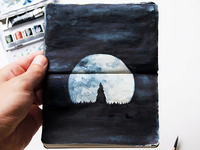 Moonlight adventure drawing explore illustration minimal moleskine moon night silhouette sketch space watercolor