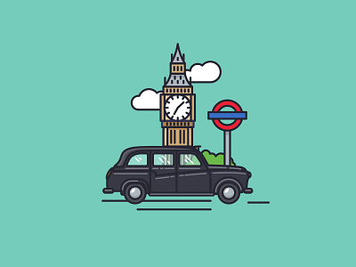 London Town big ben black cab buildings clouds london nudds outline illustration taxi transport underground