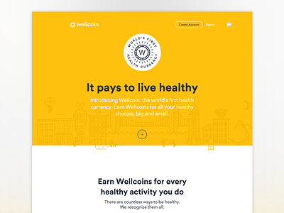 Wellcoin Web coin friendly fun hero illustration landing landscape marketing site skyline startup website