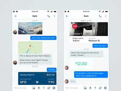 Messages app cards flight location messages mobile money movie photo text