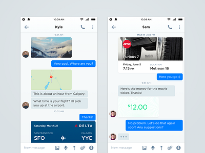 Messages app cards flight location messages mobile money movie photo text