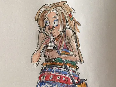 Dreads & Coffee cafe pen sketch watercolor