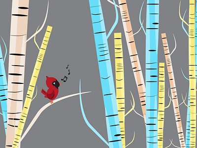 Birdie Illustration birch bird blue cardinal forest grey sing song tree whistle woods yellow