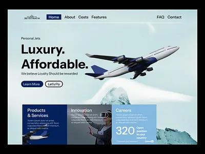 JetStratix landing page for aviation charter broker business. dashboard design landing page design travel website design website header design website wesign