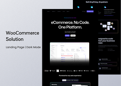 WooCommerce Solution Landing Page (Dark) agency app branding dark darkmode design desktop ecommerce ecommere landingpage product ui webdesign website woocommerce