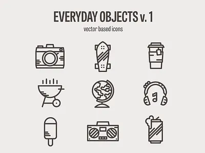 Everyday Icon set - WIP beer camera gettoblaster globe grill headphones icecream icons skateboard tea wip