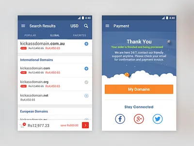 Domain Search & Order app android app blue crazy design domain list material material design screen search splash