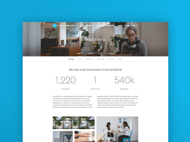 Xero About us clean company corporate light minimal photographic startup tech web website