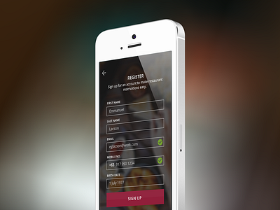 Registration Screen for Restaurant Reservations App registration sign up ui