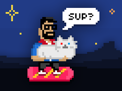 Tscherno says hi! cat gamedesign hipster hoverboard pixelart retro