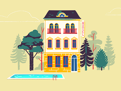 Hotel 2d building flat hotel illustration pool trees visual development yellow