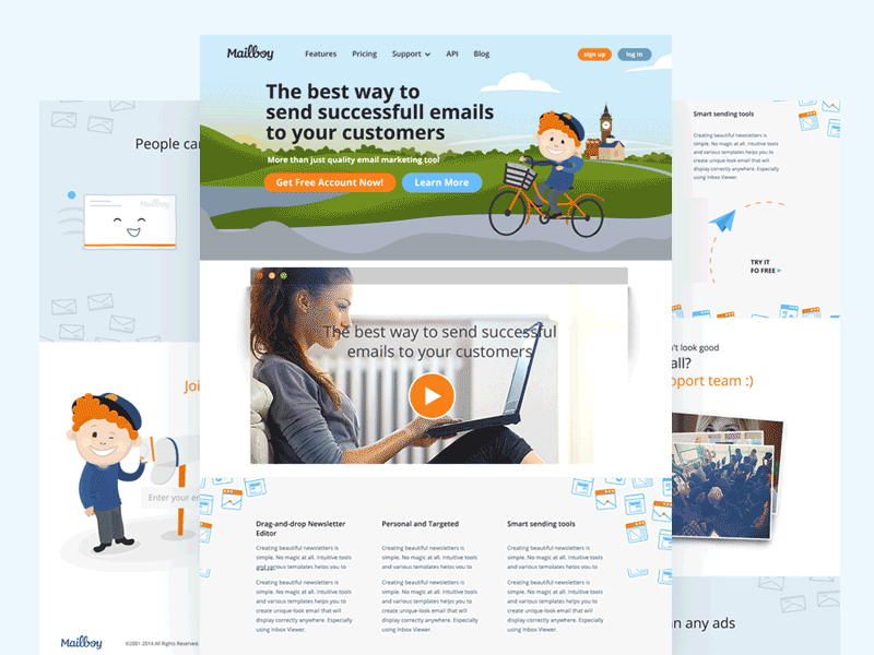 Mailboy - Main page character email features landing mailboy post web