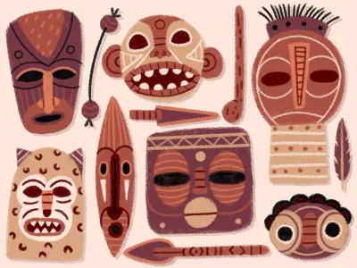 Africana Masks african animal character drawing eyes face feather illustration mask spier teeth texture