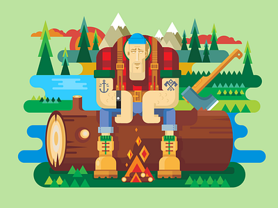 Sawyer sitting on log axe character firewood flat illustration kit8 logger lumberjack saw sawyer vector woodcutter