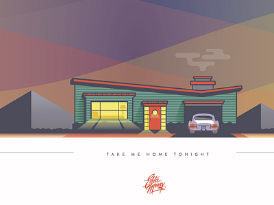 Take Me Home Tonight car chimney eddie money gradient home house illustration lights mountain purple skyline sunset