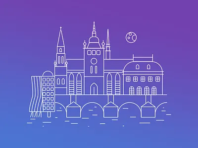 Illustration of Prague bridge building city collage illustration minimalist moon prague river