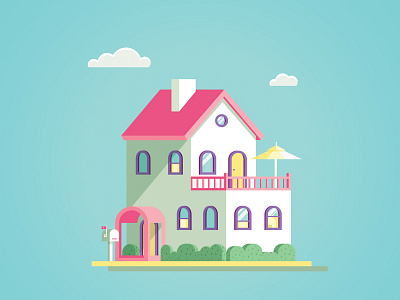 Little big house blue clouds dribbble house invite mail box pink yellow