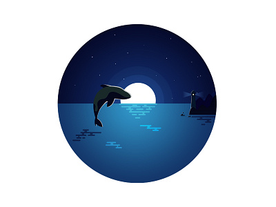 To the Moon blue fish icon lighthouse night ocean orca sky water whale