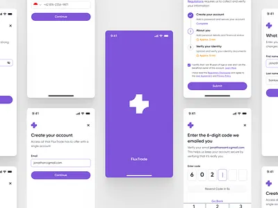 FluxTrade - Crypto On Boarding Screen app clean create account crypto crypto app design interface log in login on boarding pages onboarding onboarding page product design register sign up signup ui uiux ux web3