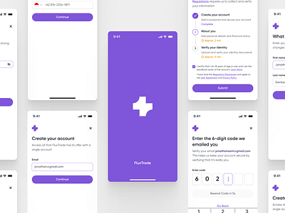 FluxTrade - Crypto On Boarding Screen app clean create account crypto crypto app design interface log in login on boarding pages onboarding onboarding page product design register sign up signup ui uiux ux web3