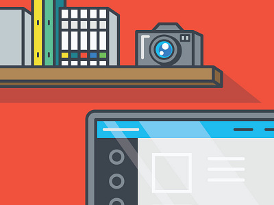 Workspace books camera computer desk icon illustration office outline pop shelf vector workspace