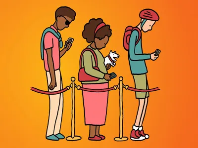 No fun queuing! cell phone character cyclist dog drawing hand drawn illustration man mobile phone phone queue woman