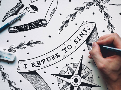 Bandana Design bandana banner compass hand lettering illustration laurel lettering pocket knife swallow typography