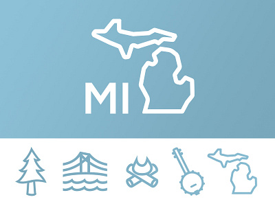 Michigan Icons banjo bonfire bridge campfire icons illustrations illustrator michigan thick lines tree vector