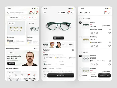 Baldsa - Optic Glasses Marketplace Mobile App cart catalog checkout clean design ecommerce emir eyewear marketplace mobile app product detail page select textured background ui uidesign ux