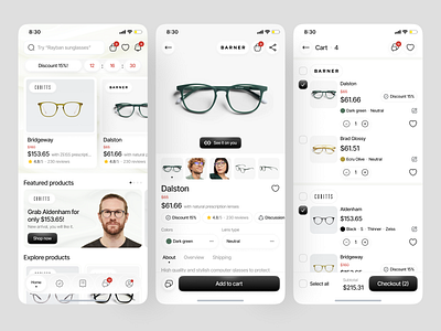 Baldsa - Optic Glasses Marketplace Mobile App cart catalog checkout clean design ecommerce emir eyewear marketplace mobile app product detail page select textured background ui uidesign ux