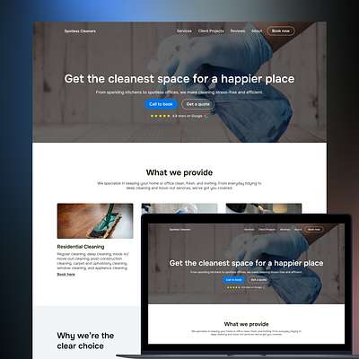 Clean Website For a Cleaning Business clean cleaning business cleaning service framer home page landing page local business modern professional ui ux web design web development webflow website wordpress