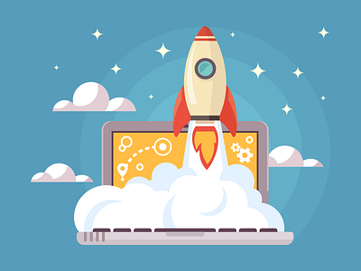 Start up computer flat icon illustration kit8 laptop launch rocket startup vector