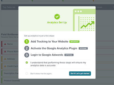 Analytics Set Up Modal analytics app dialog intstructions modal steps web