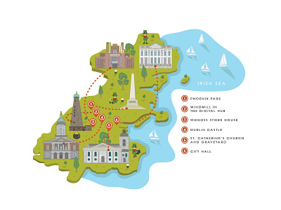 Dublin Map buildings dublin illustrated map illustration ireland land map sea uk