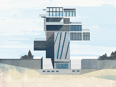 Illustration for simulation of enterprise management building construction facade game retrofuturism simulator watercolor