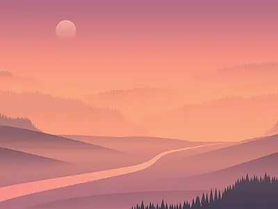Landscape Concept 01 2d endless fog hills landscape nature river simple sunset trees vector