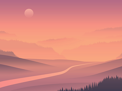 Landscape Concept 01 2d endless fog hills landscape nature river simple sunset trees vector