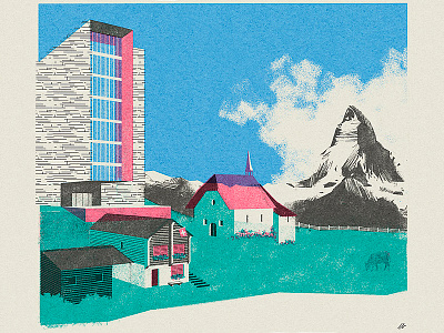 Swiss' Split Soul architecture clouds matterhorn meadows mountains multinationals sky switzerland village