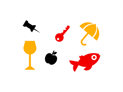 Icon Illustrations apple branding fish graphic design icon icon set illustration key logo minimalist negative space thumbtack umbrella wine glass