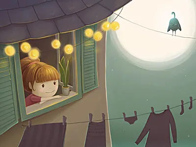 Summer Evening bird book evening flashlights girl house kids moon night romantic summer