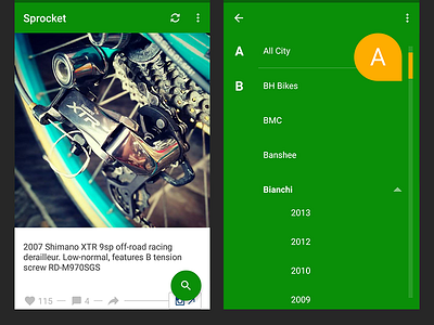 Sprocket 1.3.1 Search FAB android app bicycle brand catalog fab green scroll search sprocket tooltip years