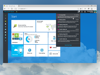 Microsoft Azure cloud dashboard dropdown event homepage left navigation microsoft microsoft azure navigation notification top navigation web design