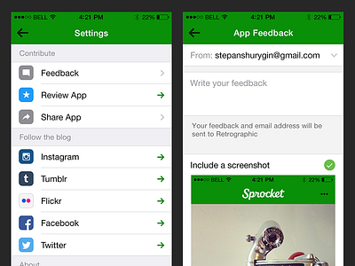 Sprocket iOS 1.1 Settings/Feedback app bicycle clean feedback green ios link retrographic settings simple sprocket stock