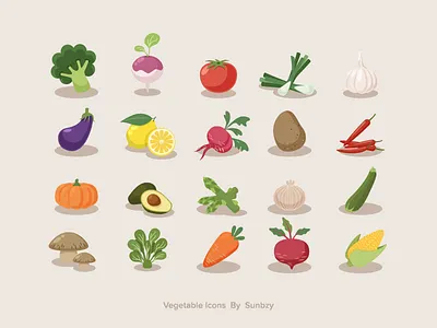 Vegetable Icons avocado broccoli corn food fruit healthy spinach sunbzy tomato turnip vegetable zucchini