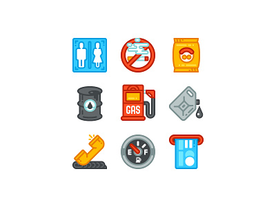 Gas Station Icons cartoon flat fuel game gas station gasoline icon illustration no smoking service vector wc